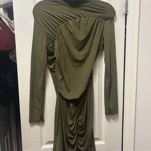 Na-Kd Chic Long Sleeve Rouch Olive Mini Dress